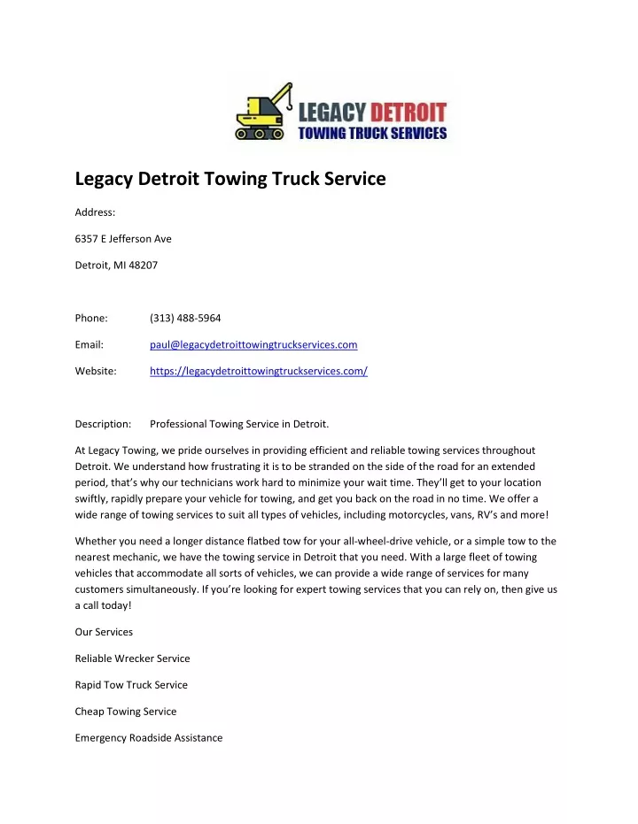 legacy detroit towing truck service