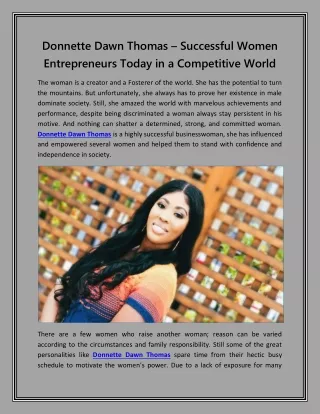 Donnette Dawn Thomas – Successful Women Entrepreneurs Today in a Competitive World