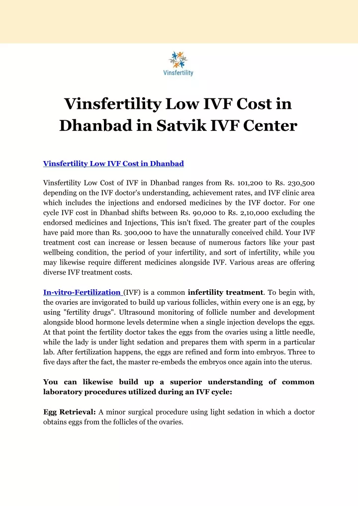 vinsfertility low ivf cost in dhanbad in satvik ivf center