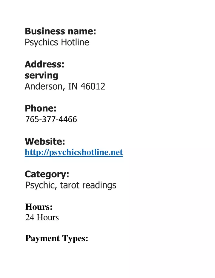 business name psychics hotline address serving