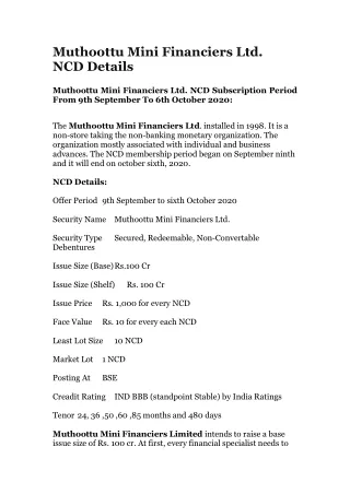 muthoottu mini financiers ltd ncd details