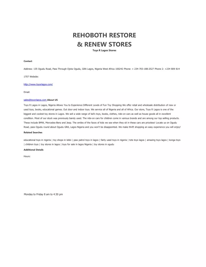 rehoboth restore renew stores toys r lagos stores