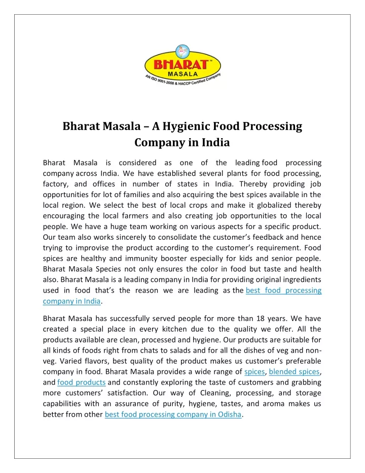 bharat masala a hygienic food processing company