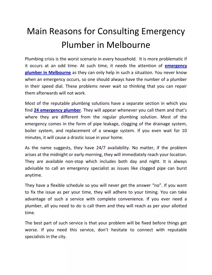 main reasons for consulting emergency plumber