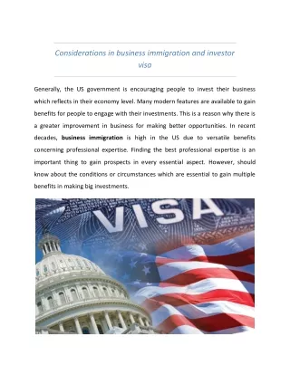 Considerations in business immigration and investor visa