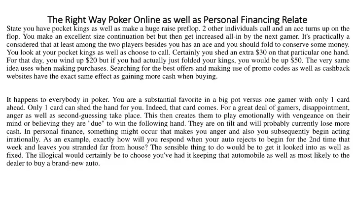 the right way poker online as well as personal financing relate