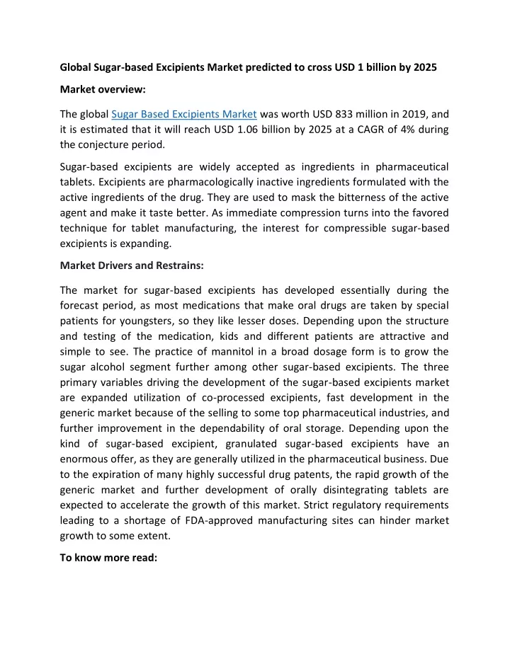 global sugar based excipients market predicted