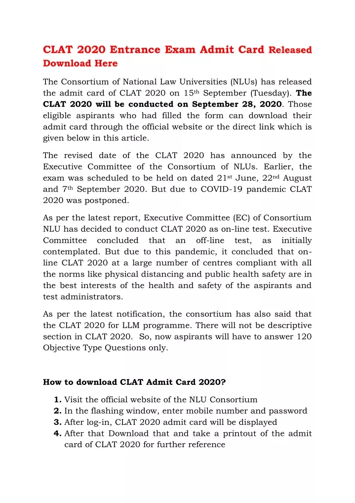 clat 2020 entrance exam admit card released