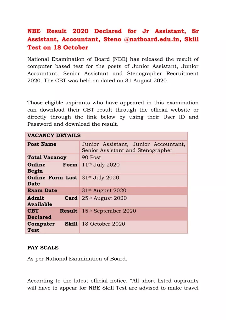 nbe result 2020 declared for jr assistant