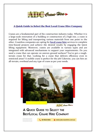 A Quick Guide to Select the Best Local Crane Hire Company