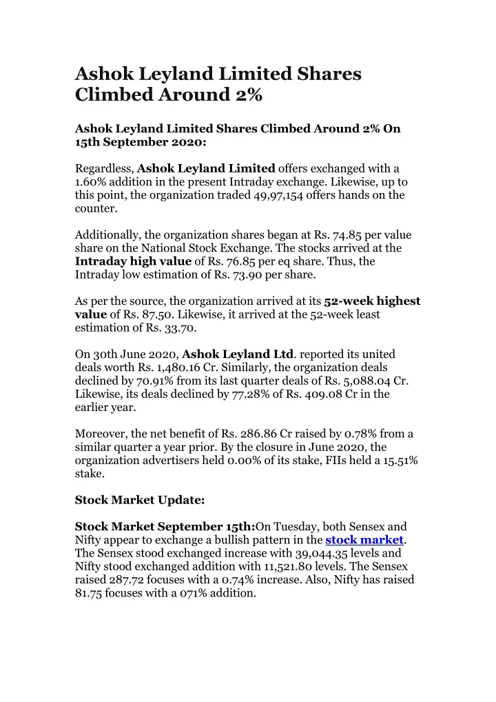 ashok leyland limited shares climbed around 2