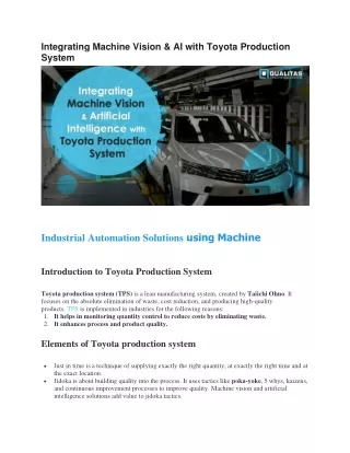 Integrating Machine Vision & AI with Toyota Production System