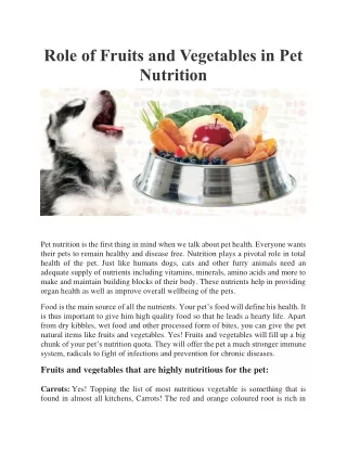 Role of Fruits and Vegetables in Pet Nutrition