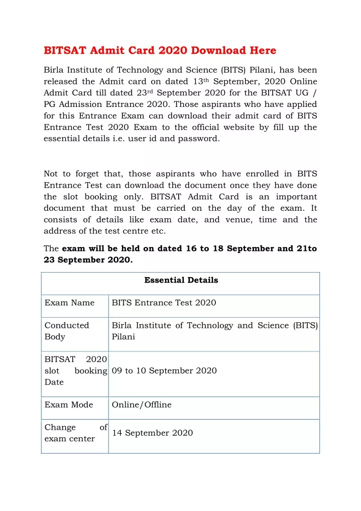 bitsat admit card 2020 download here