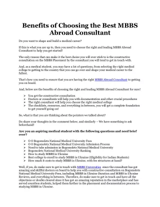 Benefits of Choosing the Best MBBS Abroad Consultant