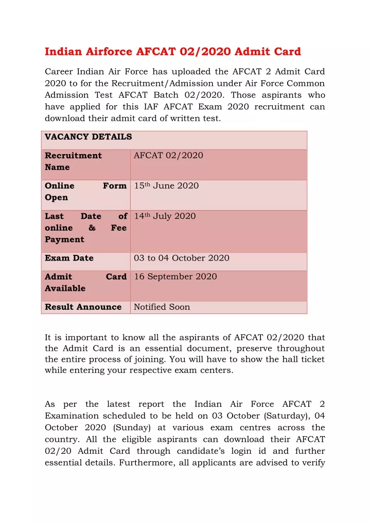 indian airforce afcat 02 2020 admit card