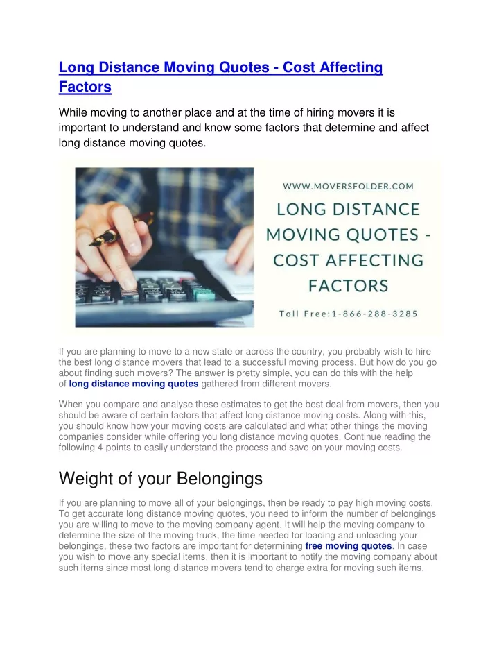 long distance moving quotes cost affecting factors