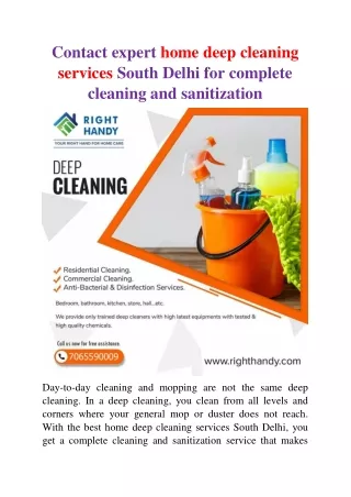 Contact expert home deep cleaning services South Delhi for complete cleaning and sanitization