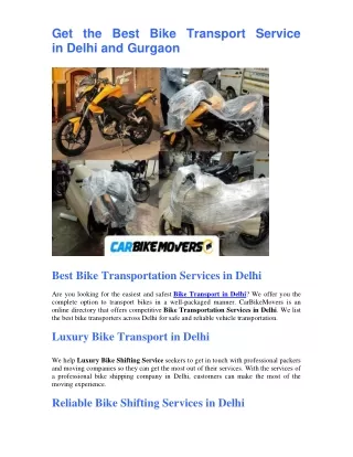 Get the Best Bike Transport Service in Delhi and Gurgaon