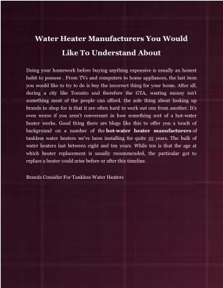 WATER HEATER MANUFACTURERS you would like to understand ABOUT