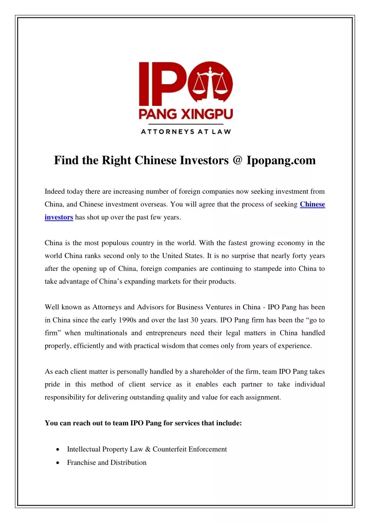 find the right chinese investors @ ipopang com