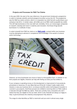 projects and processes for r d tax claims