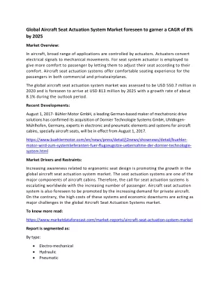 global aircraft seat actuation system market