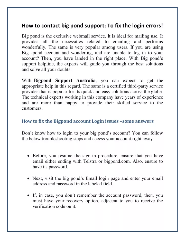 how to contact big pond support to fix the login