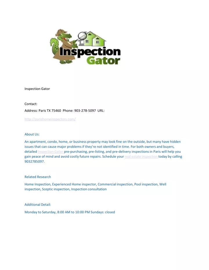 inspection gator contact address paris tx 75460