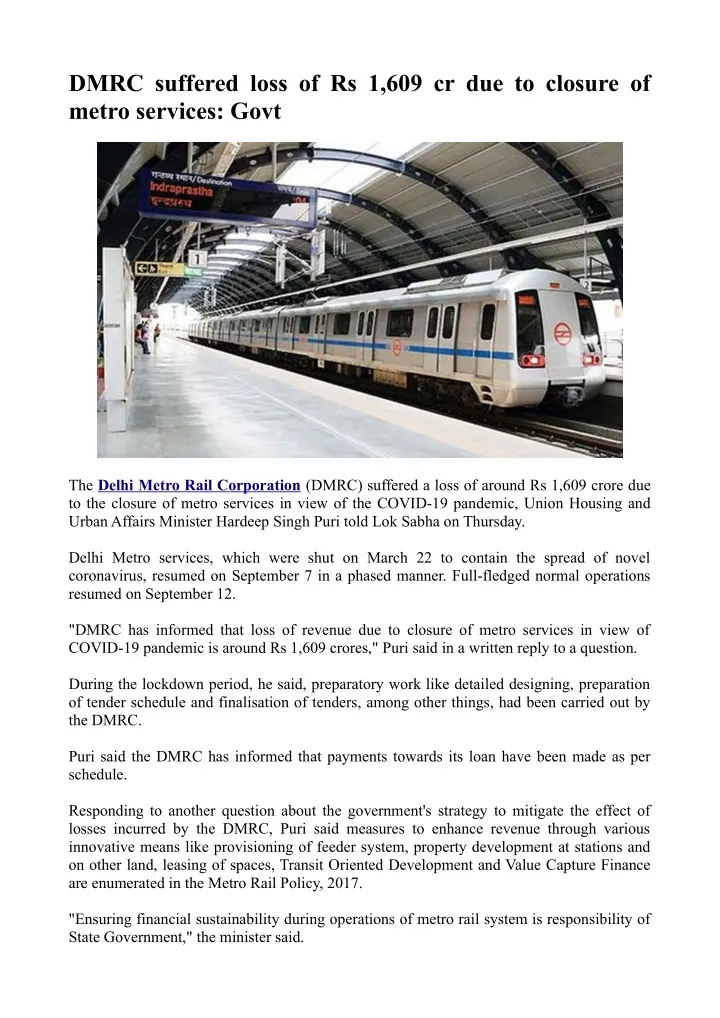 ppt-dmrc-suffered-loss-of-rs-1-609-cr-due-to-closure-of-metro