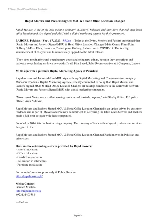 Rapid Movers and Packers Signed MoU & Head Office Location Changed