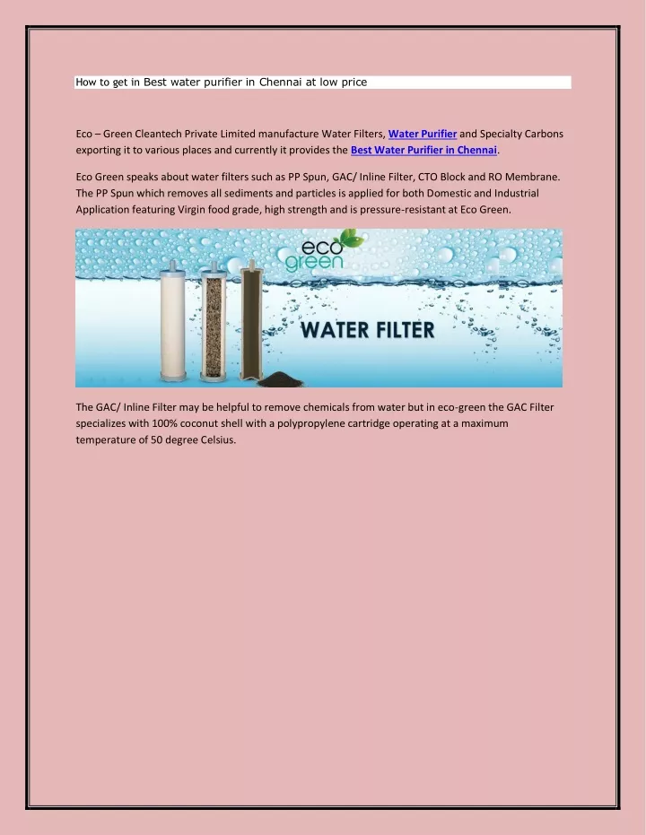how to get in best water purifier in chennai