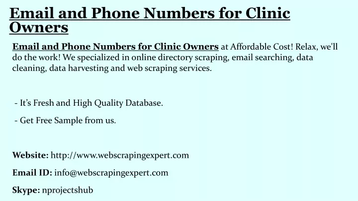 email and phone numbers for clinic owners