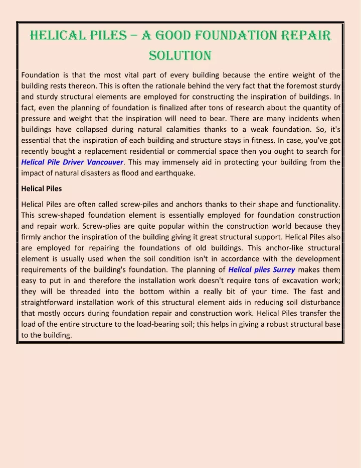 helical piles a good foundation repair solution