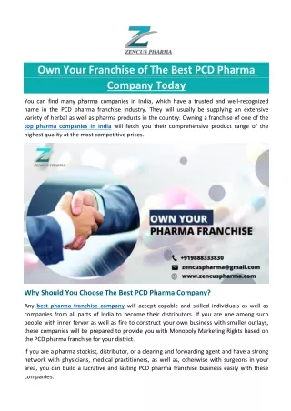 Own Your Franchise of The Best PCD Pharma Company Today