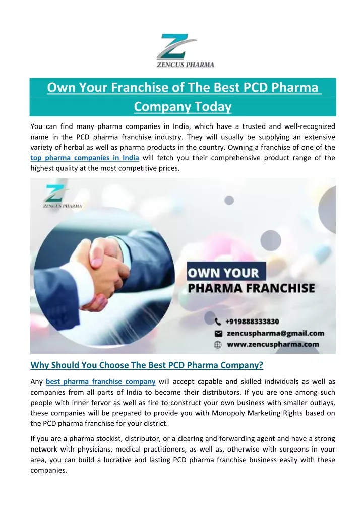 own your franchise of the best pcd pharma company