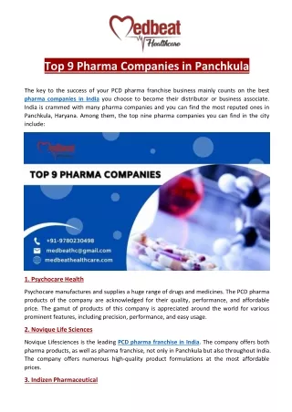 Top 9 Pharma Companies in Panchkula