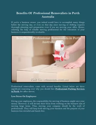 Benefits Of Professional Removalists in Perth Australia