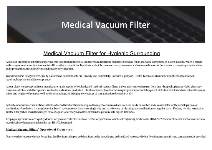 medical vacuum filter for hygienic surrounding