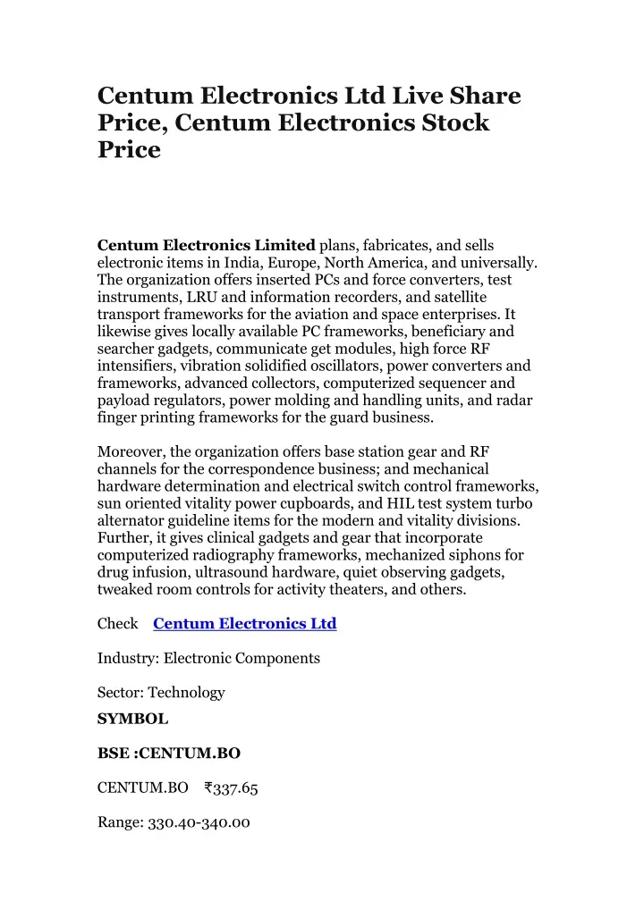 centum electronics ltd live share price centum