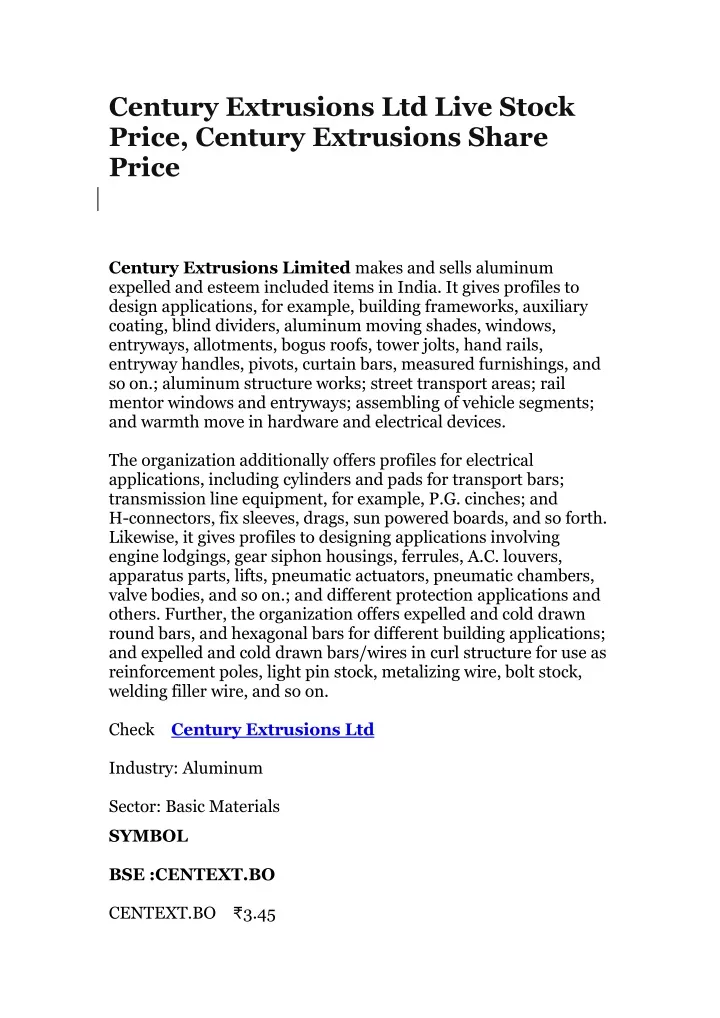 century extrusions ltd live stock price century