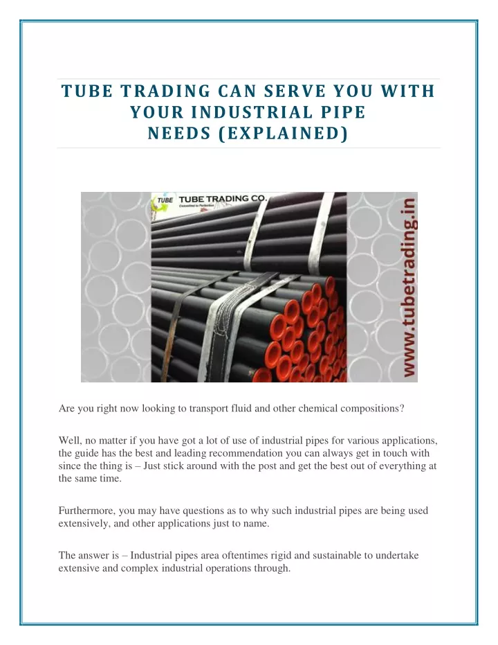 tube trading can serve you with your industrial