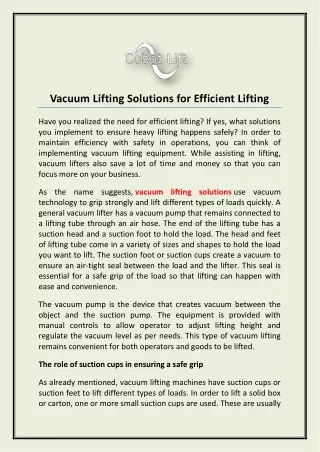 vacuum lifting solutions for efficient lifting