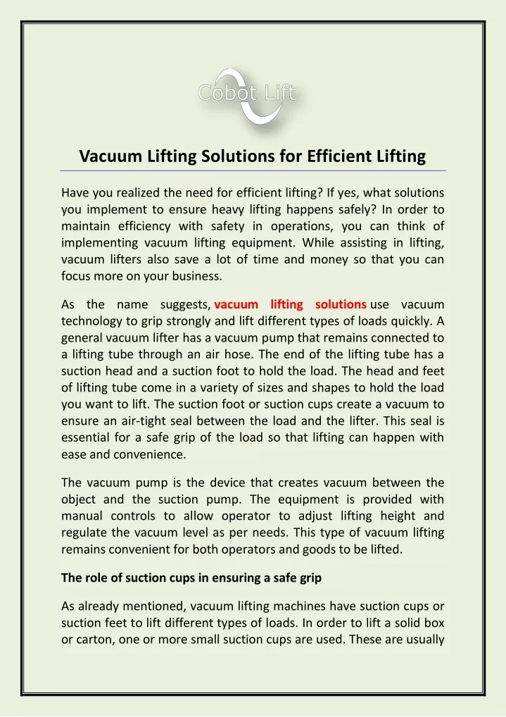 vacuum lifting solutions for efficient lifting
