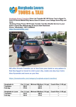 Hurghada Airport Transfers Price List Transfer MY VIP Driver Taxi