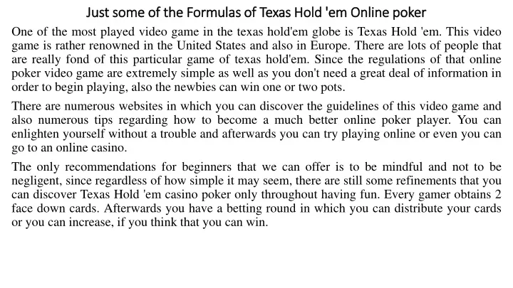 just some of the formulas of texas hold em online poker