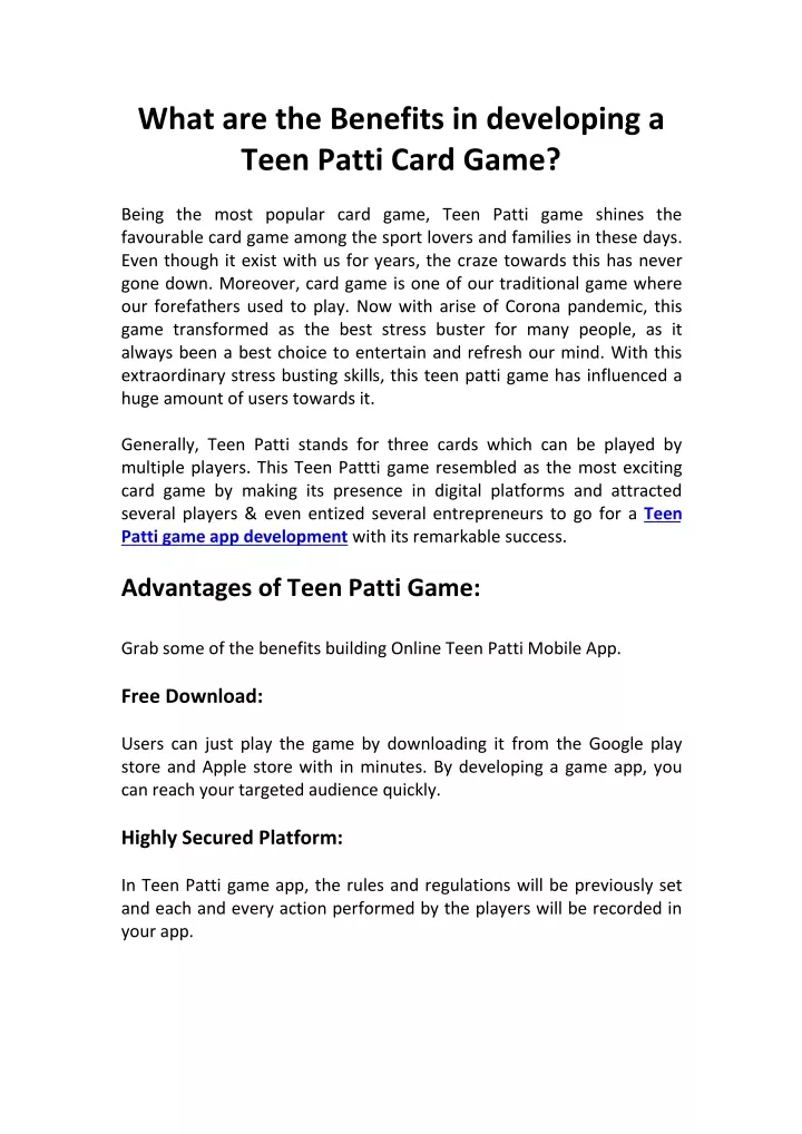 what are the benefits in developing a teen patti