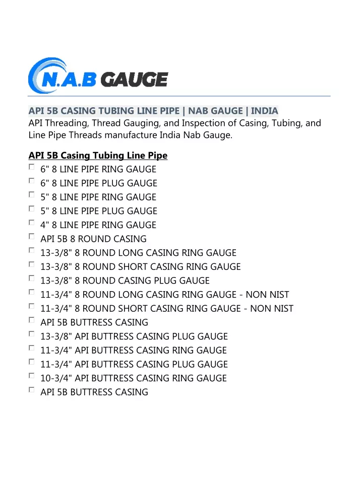 api 5b casing tubing line pipe nab gauge india