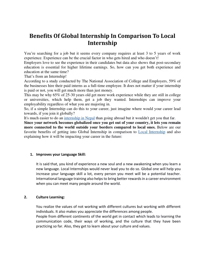 benefits of global internship in comparison