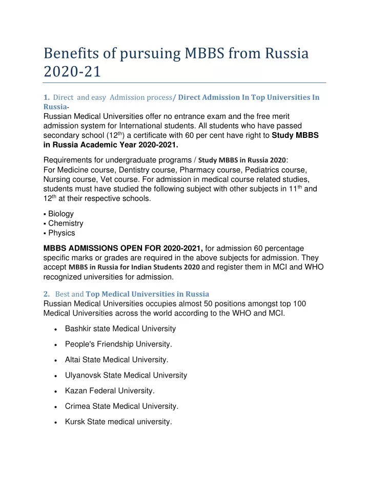 benefits of pursuing mbbs from russia 2020 21